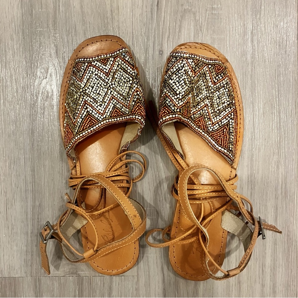 NWOT Rebels Beaded Lace Up Leather Sandal